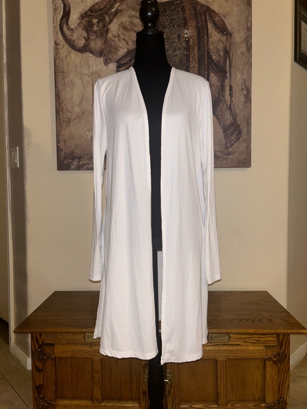 Splash Ribbed Open Front Longline Side Slit Cardigan L-XL White NWOT